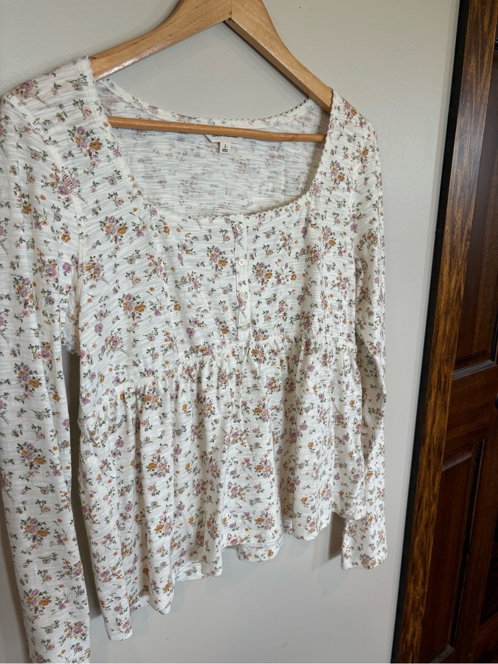 Lucky Brand Cream Floral Peplum Henley Long Sleeve Top
